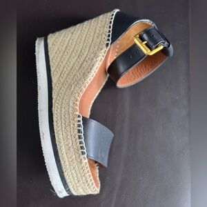 See By Chloe Black Leather Espadrille Wedge Sandal with Gold Buckle